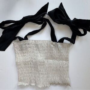 Zara‎ off-white cream smocked stretchy tube top black tie straps juniors medium